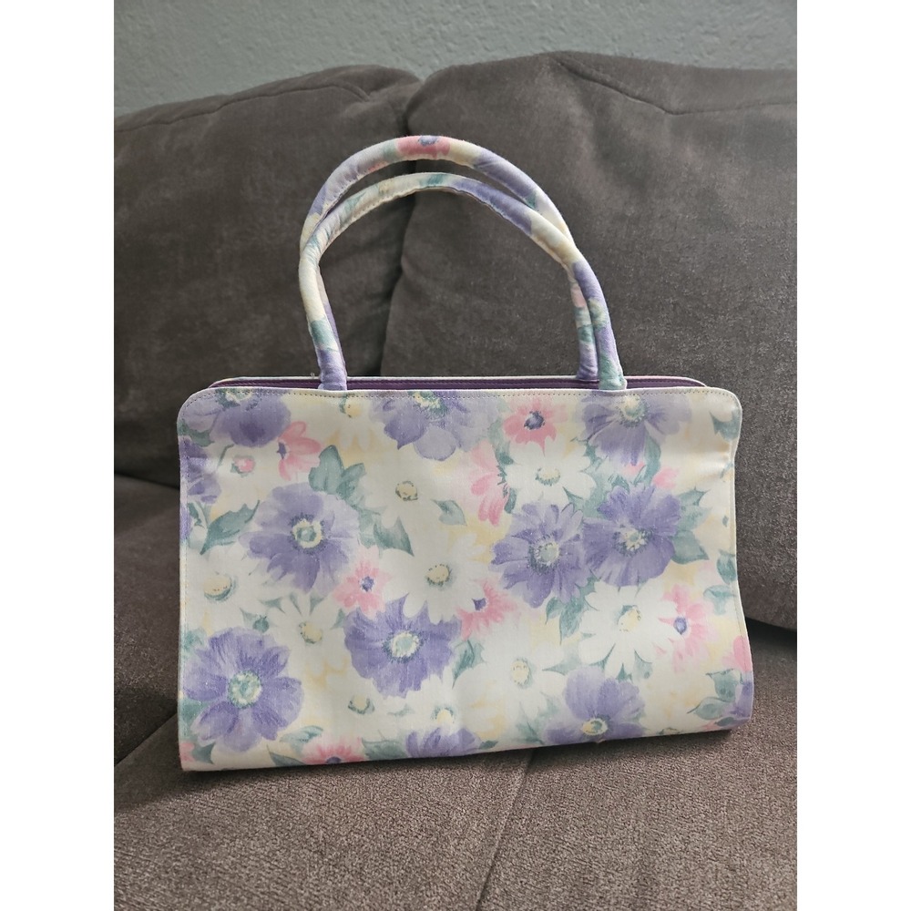 VTG Margaret Smith Gardiner Maine Floral Canvas Handbag Purse Purple White Pink